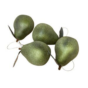 Vtg Sugared Pears w Stems and Silver Leaf Fall Decor Christmas Ornaments Set 4